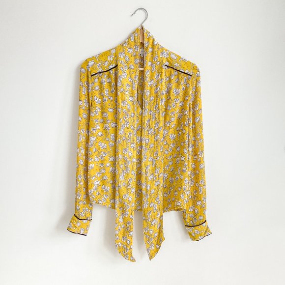 Designers Society Floral Print Tie-Neck Blouse in Sunflower Yellow Size XS - Picture 2 of 7